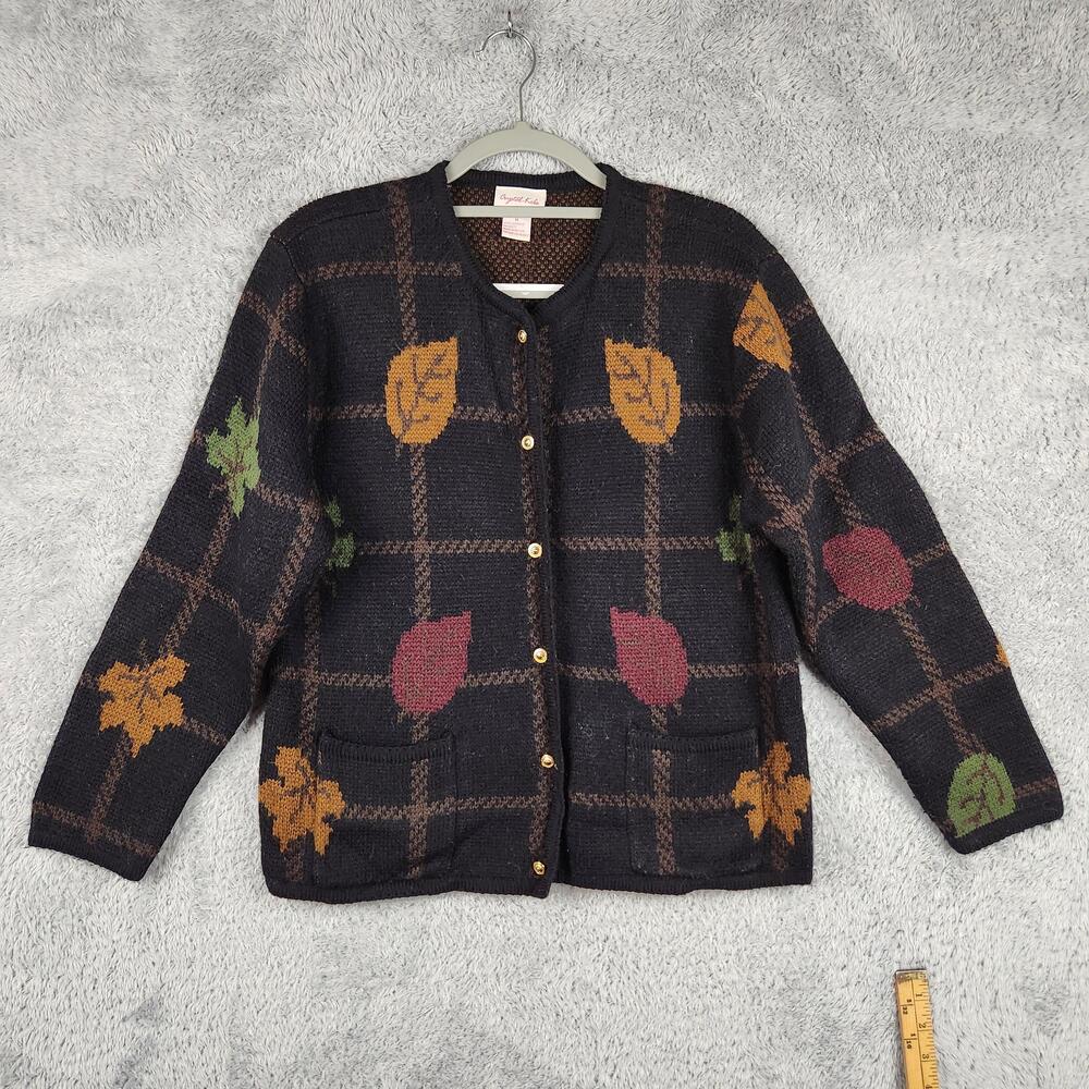 Vintage Crystal Kobe Cardigan Sweater Womens Medium Black Leaf Fall Plaid 90s
